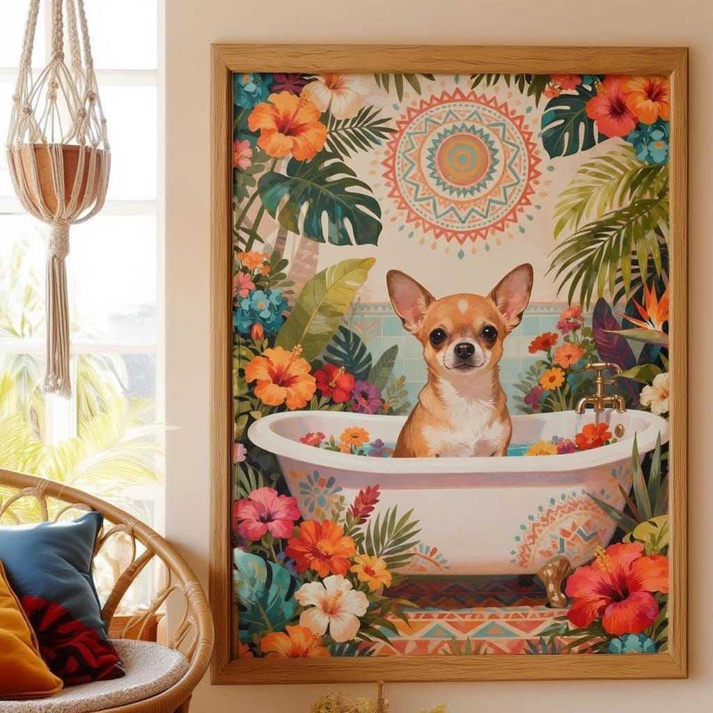 A framed painting depicting a small dog sitting in a bathtub filled with flowers, surrounded by tropical foliage and a sun-like design.