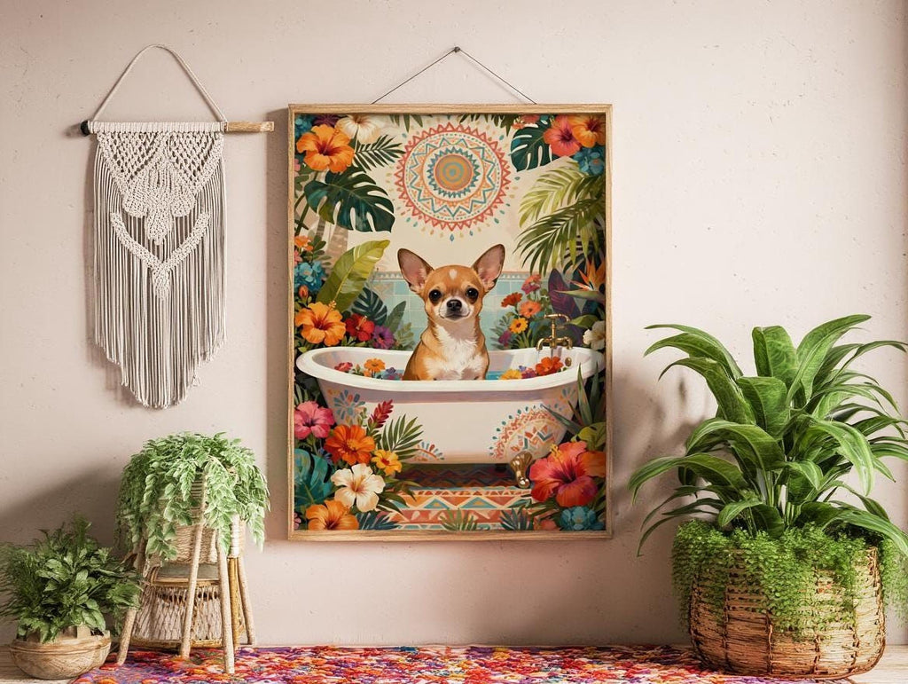 A framed illustration of a small dog sitting in a bathtub filled with flowers, surrounded by tropical plants and flowers, creating a whimsical and colorful scene.