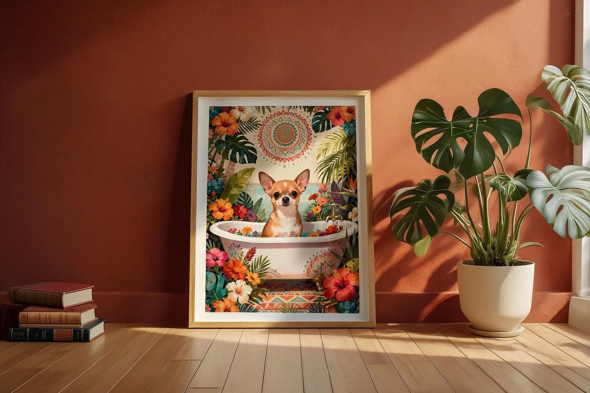 A framed painting of a small dog sitting in a bathtub surrounded by tropical plants and flowers, with a red wall in the background.