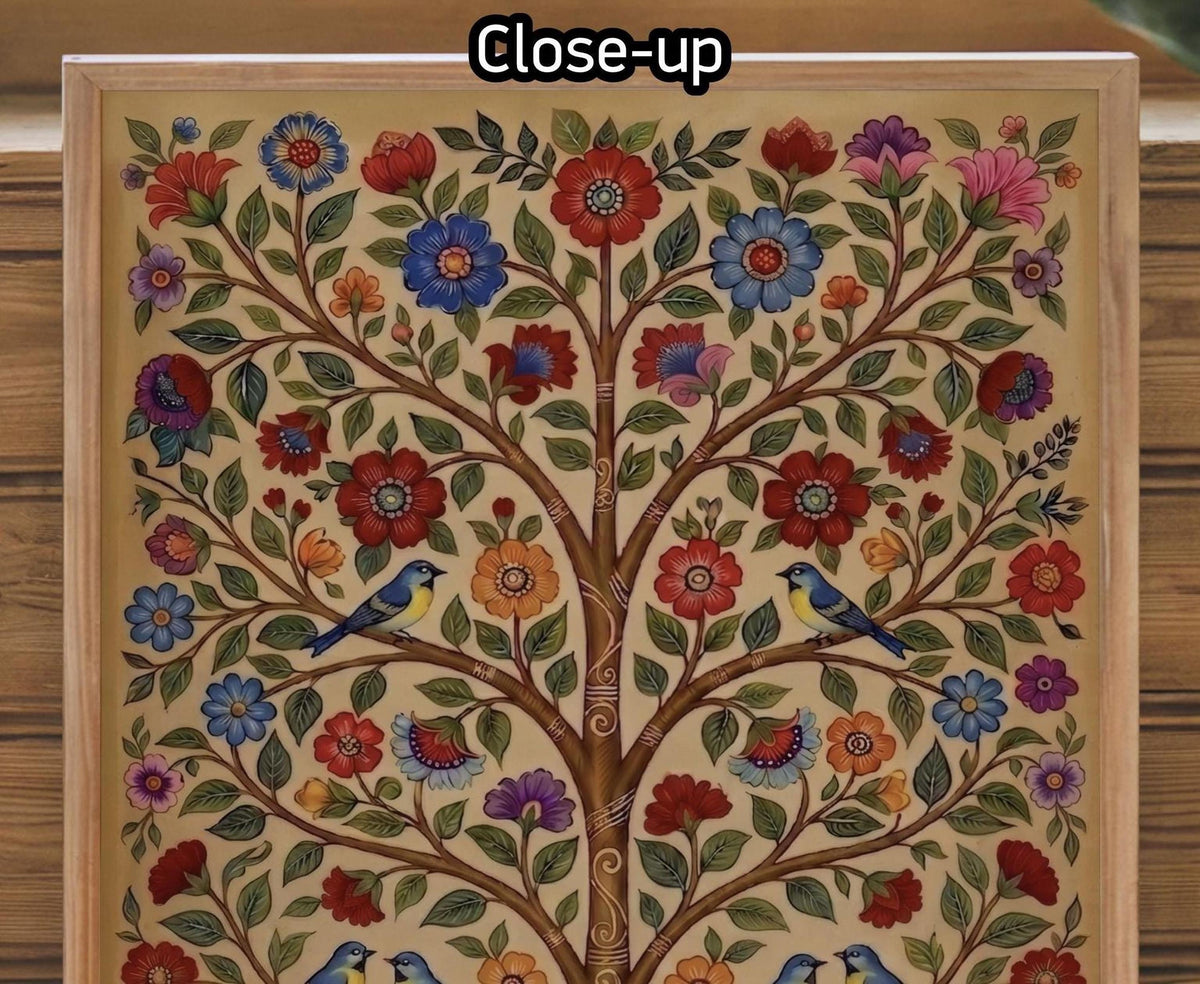 The image is a close-up of a colorful, intricate tree painting with various flowers and birds.