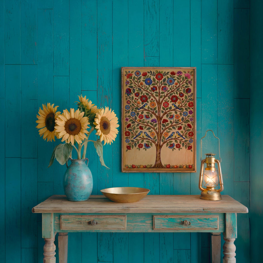 a blue wooden table with a vase of sunflowers, a bowl, and a lantern, set against a teal-colored wall with a framed tree painting.