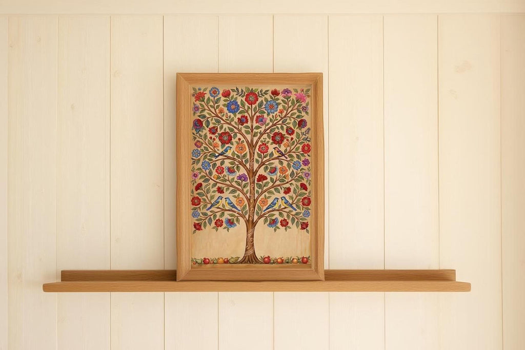 A wooden shelf displaying a framed picture of a colorful tree with flowers and birds.