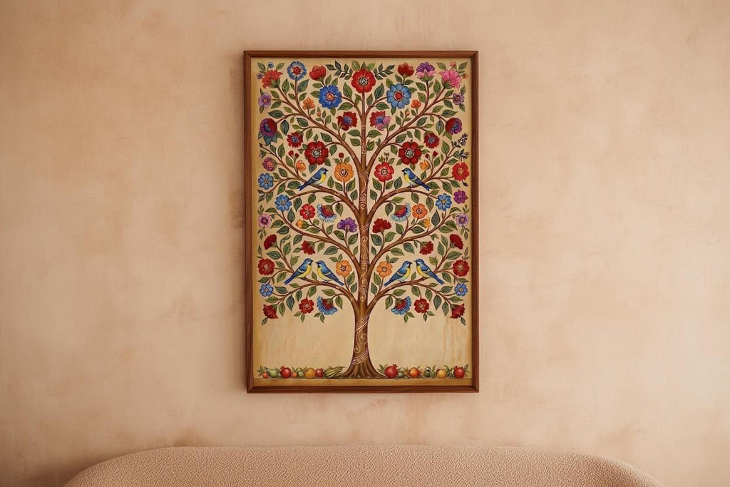 a large, colorful painting of a tree hanging on a wall.