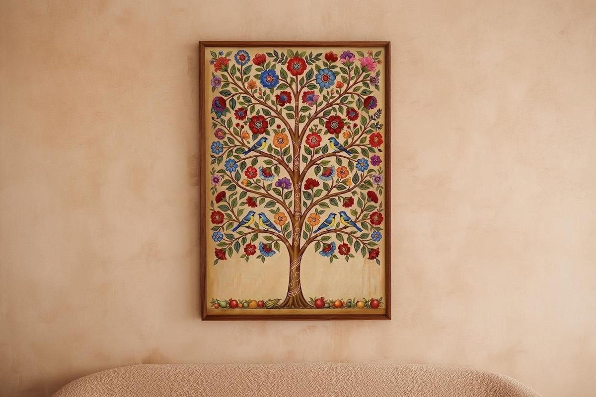 a large, colorful painting of a tree hanging on a wall.