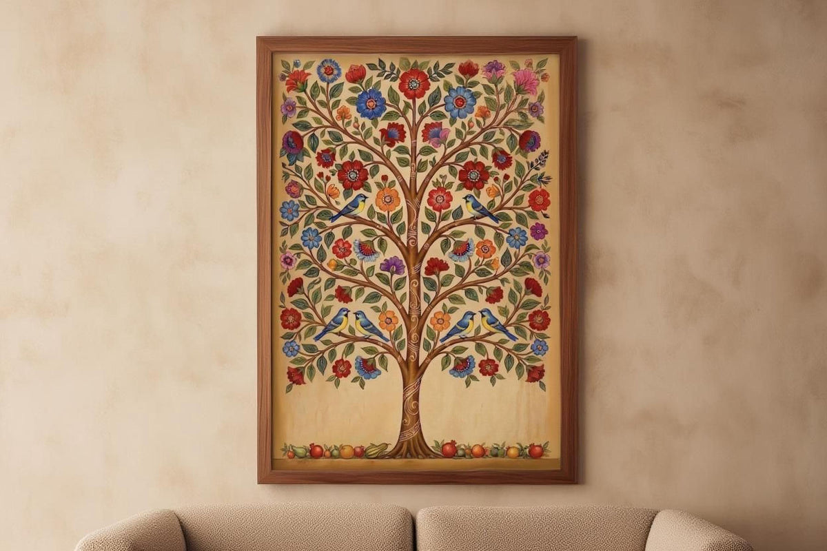 a large, ornate painting of a tree with a variety of colorful flowers and birds. The painting is displayed on a wall above a beige couch, creating a visually appealing and decorative focal point in the room.