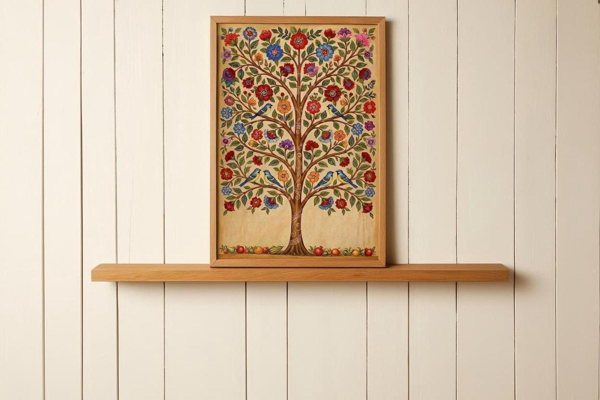 a wooden shelf with a framed painting of a colorful tree hanging on it.
