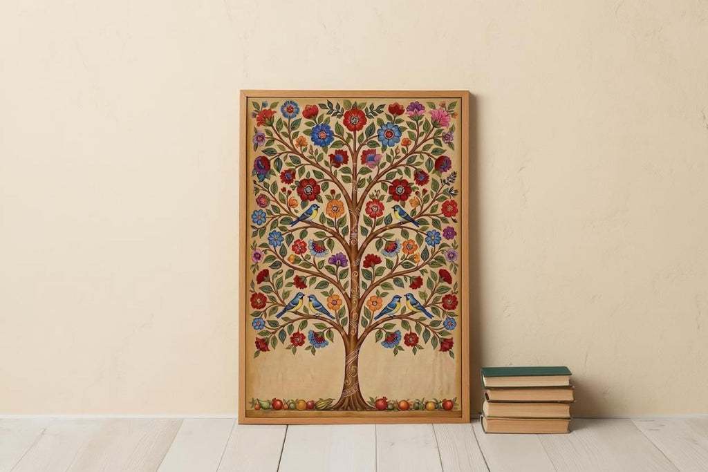 A framed painting of a colorful tree with flowers and leaves is displayed on a wall next to a stack of books.