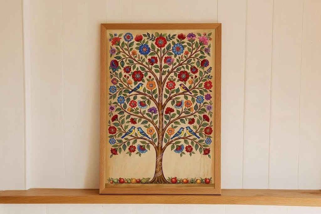 A framed painting depicting a colorful tree with flowers and birds is displayed on a wooden shelf against a white wall.