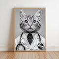Framed black and white cat doctor print leaning on hardwood floor, funny veterinarian office wall art with stethoscope detail