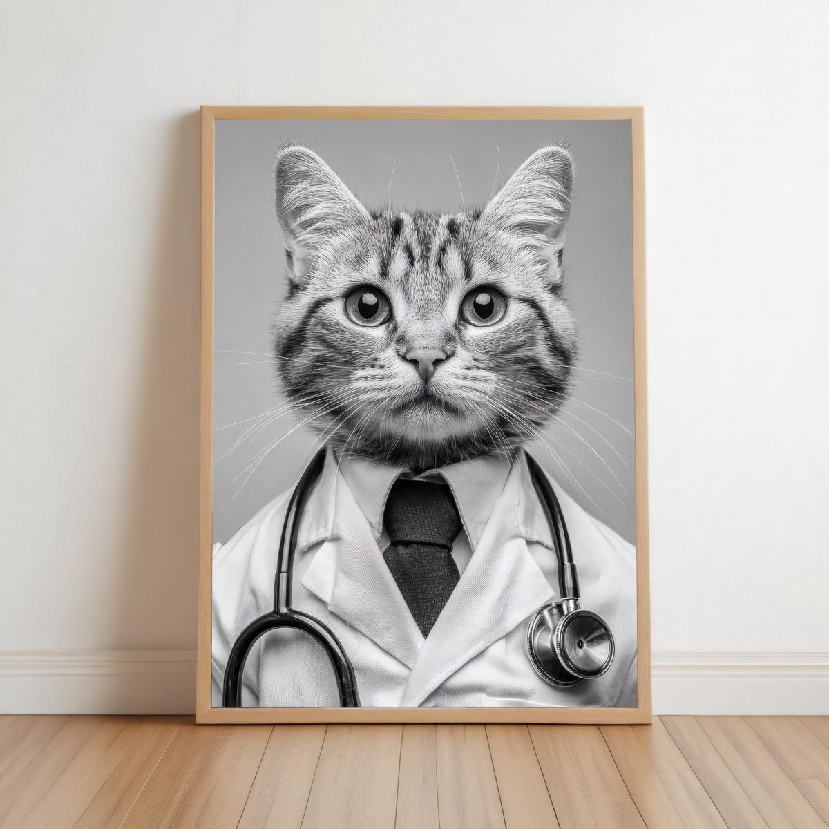Framed black and white cat doctor print leaning on hardwood floor, funny veterinarian office wall art with stethoscope detail