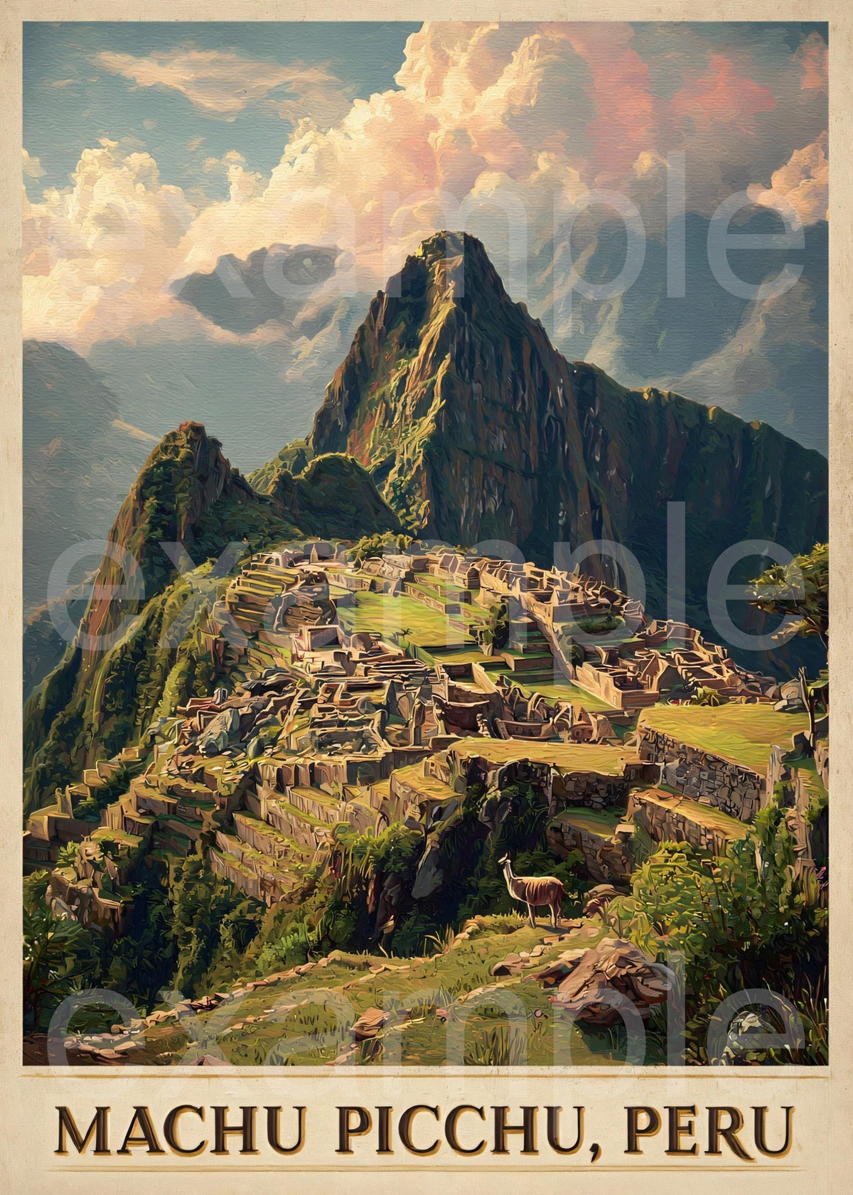 the ancient Inca citadel of Machu Picchu, located in the Andes mountains of Peru. The citadel is surrounded by lush green vegetation and towering mountains, creating a picturesque scene.
