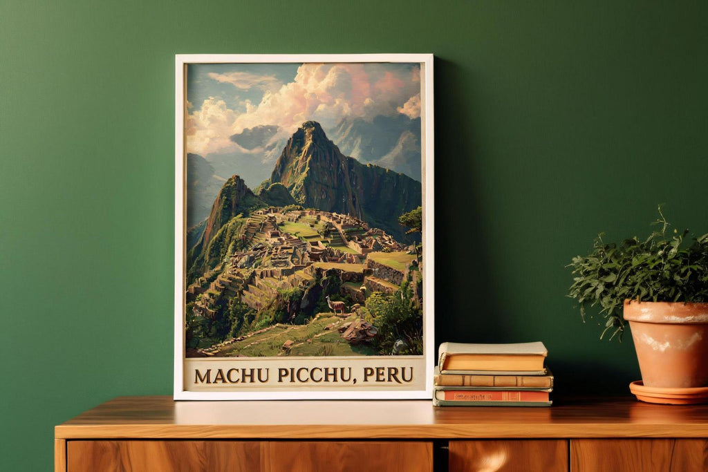 May include: A framed print of Machu Picchu, Peru, depicting the ancient Incan citadel in the mountains. The artwork shows the stone structures, green vegetation, and a dramatic sky. The print is displayed on a wooden surface, with the text "MACHU PICCHU, PERU".