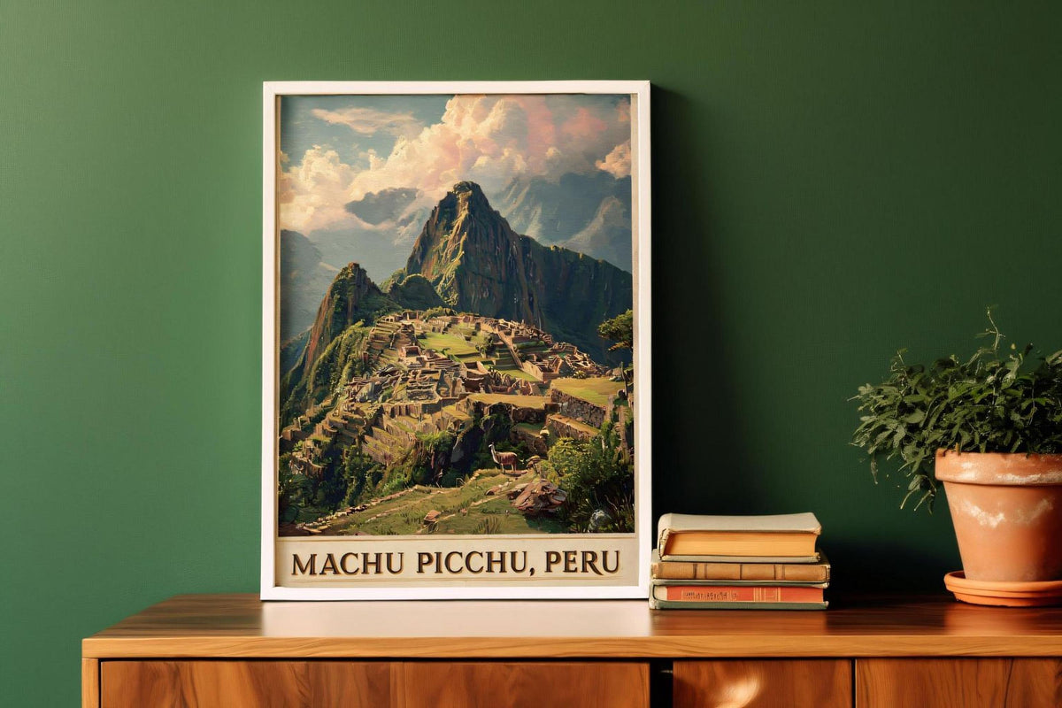 May include: A framed print of Machu Picchu, Peru, depicting the ancient Incan citadel in the mountains. The artwork shows the stone structures, green vegetation, and a dramatic sky. The print is displayed on a wooden surface, with the text "MACHU PICCHU, PERU".