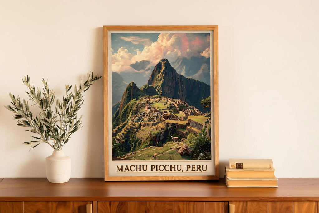 a framed poster of Machu Picchu, Peru, displayed on a wooden shelf next to a stack of books and a potted plant.