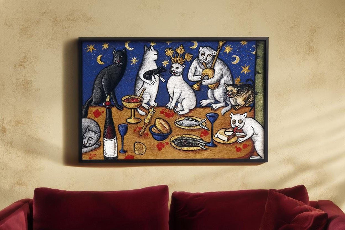 The image is a framed painting depicting a whimsical scene with various animals, including cats, birds, and a bear, gathered around a table with food and drinks.