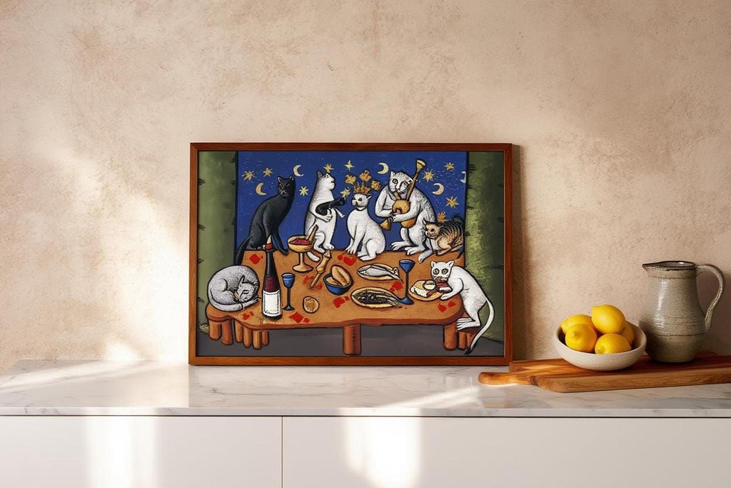 a painting of cats sitting around a table with food, including a bowl of lemons, on a white marble countertop.