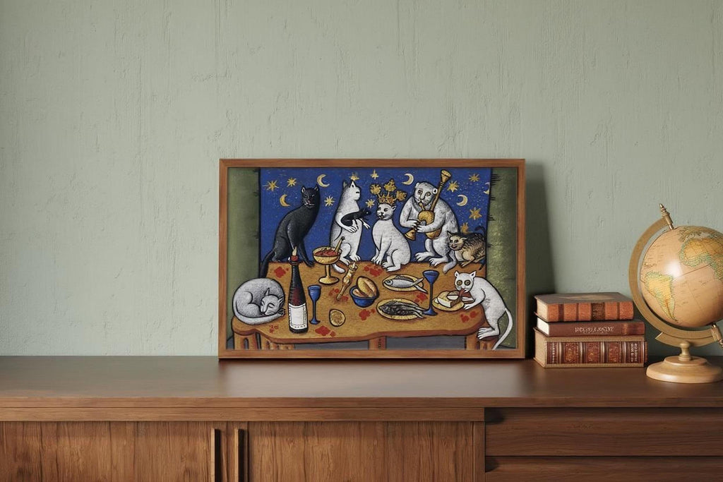 a framed painting of cats sitting around a table with food, including a bowl of fish, on a wooden shelf.