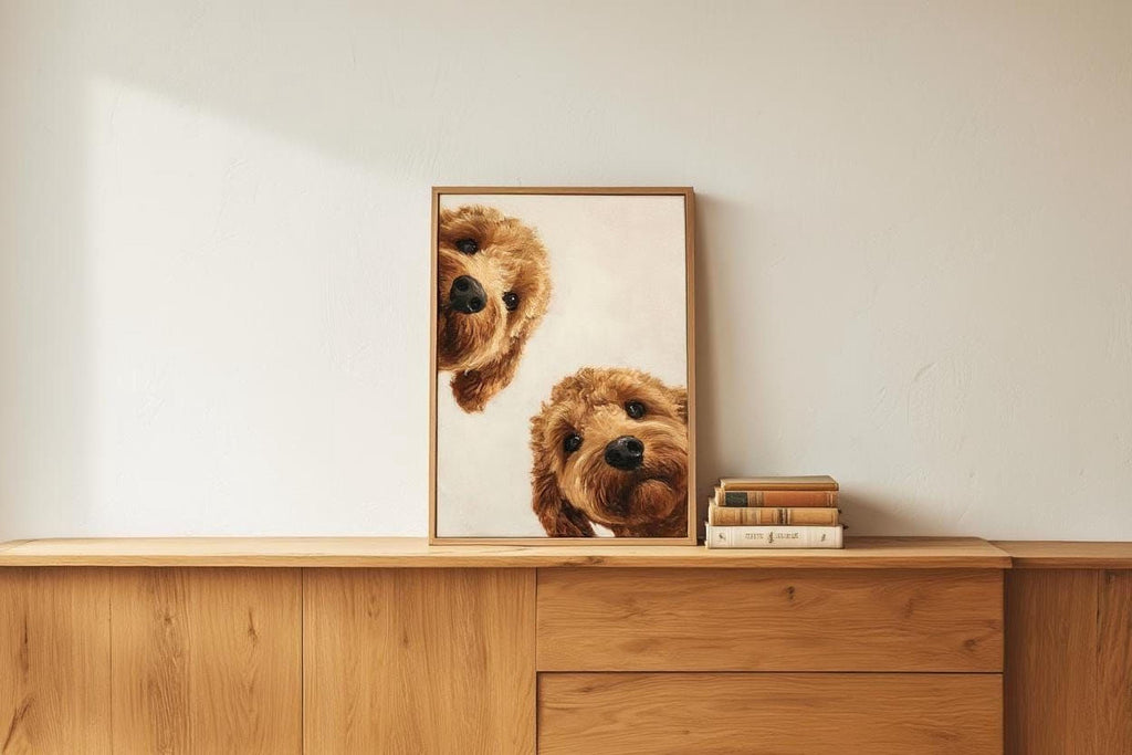 A framed photograph of two brown dogs peeking out from behind a wooden shelf, with a stack of books on the shelf below.