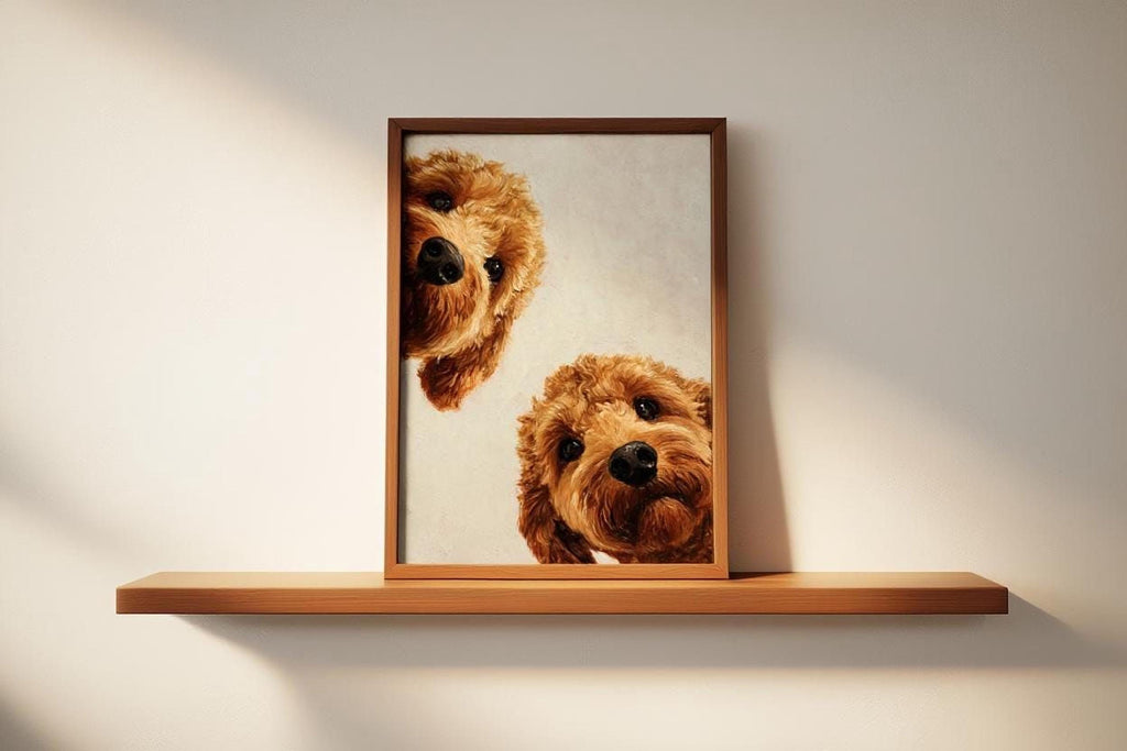 A framed picture of two brown dogs peeking out from behind a wooden shelf against a white wall.