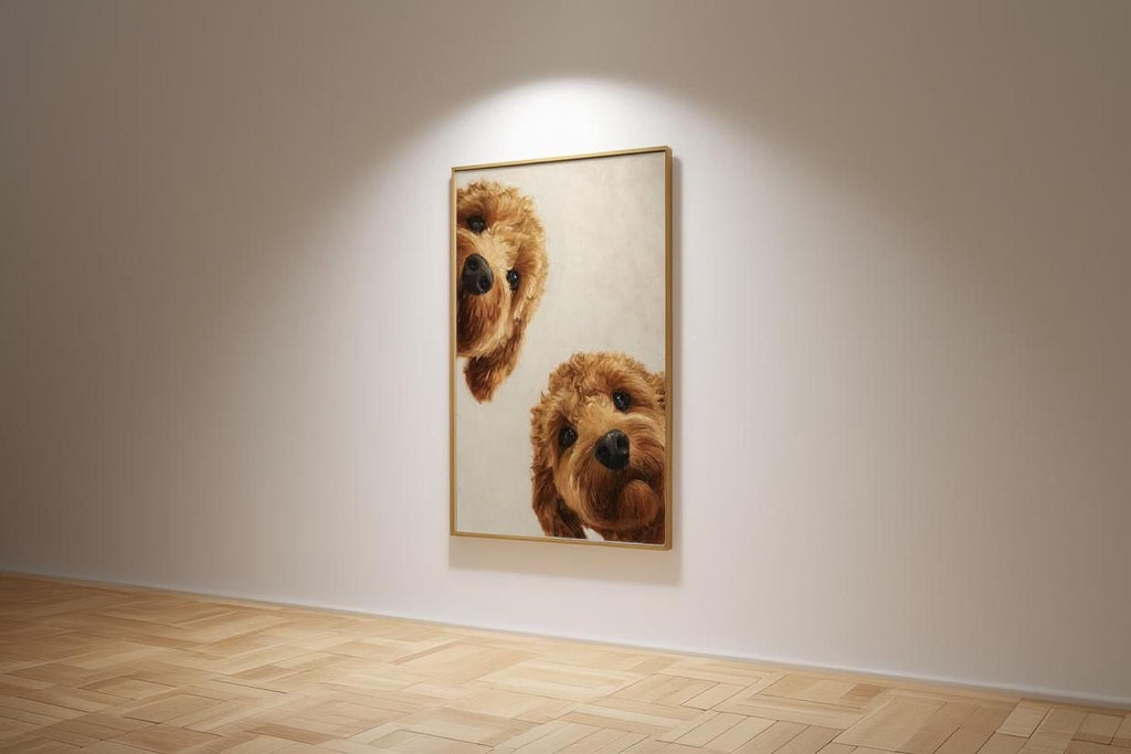 two brown dogs peeking out from behind a framed picture on a white wall.