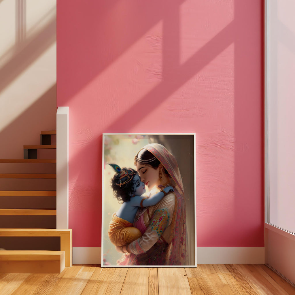 a framed painting of a woman holding a child, with a pink wall in the background.