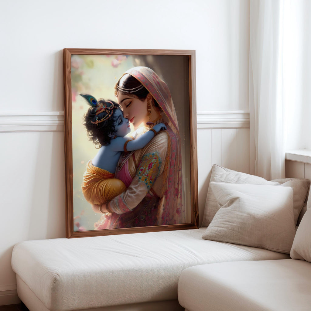 a framed painting of a woman holding a child, with the child appearing to be a baby. The painting is displayed on a wall in a room with a white couch and a window.