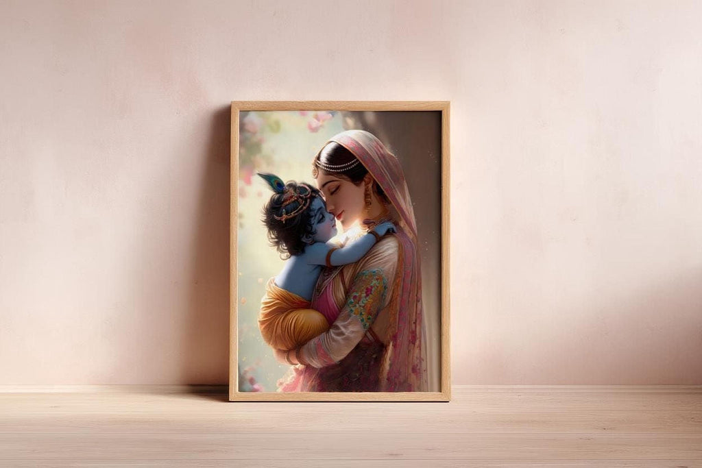 A framed painting depicting a woman embracing a child, with the child appearing to be a depiction of the Hindu deity Krishna.