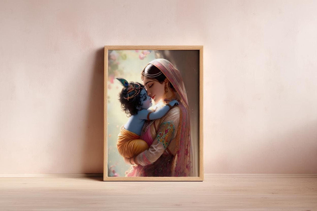A framed painting depicting a woman embracing a child, with the child appearing to be a depiction of the Hindu deity Krishna.