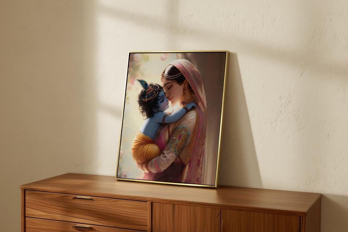 a framed painting of a woman embracing a child, likely a baby, with a warm and tender expression.