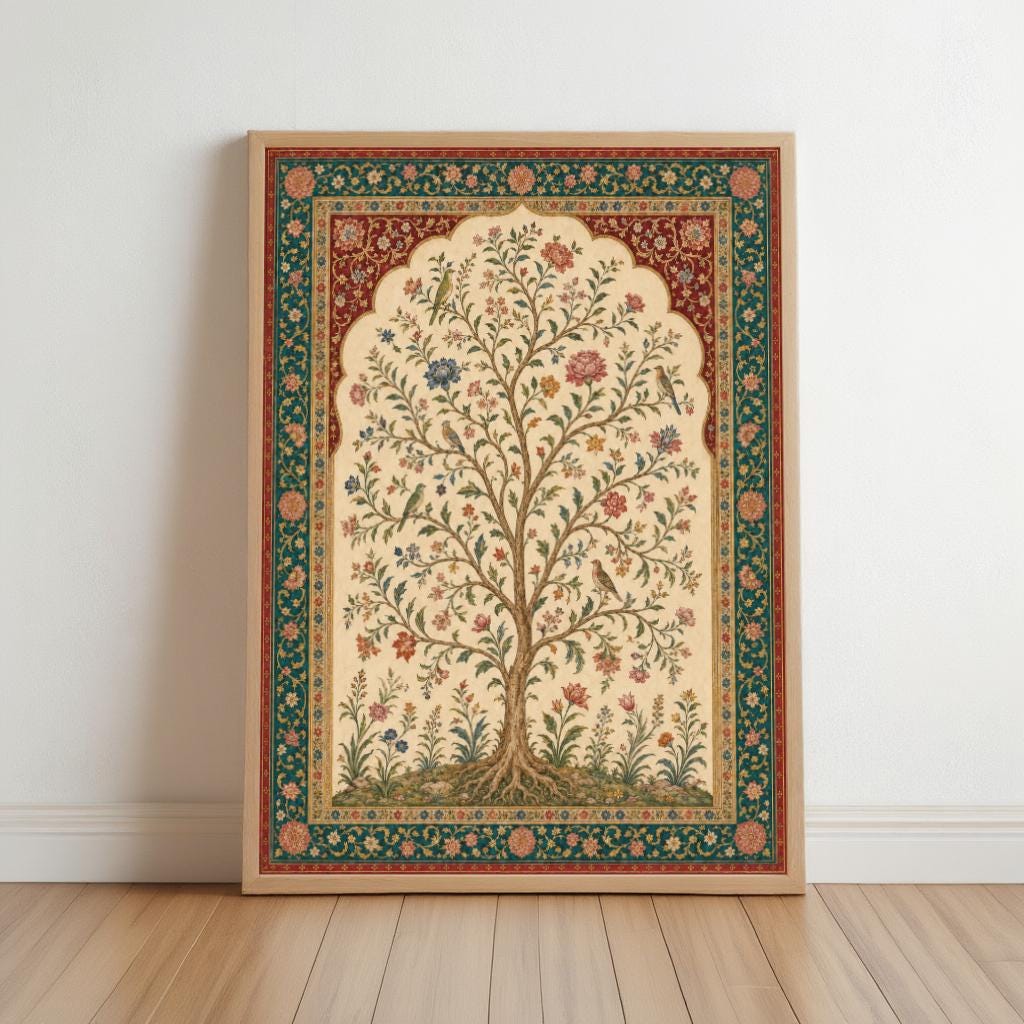 Mughal Tree of Life Wall Art, Indian Floral Art Print, Luxury Garden Decor, Vintage Botanical Bird Painting, Ethnic Islamic Poster