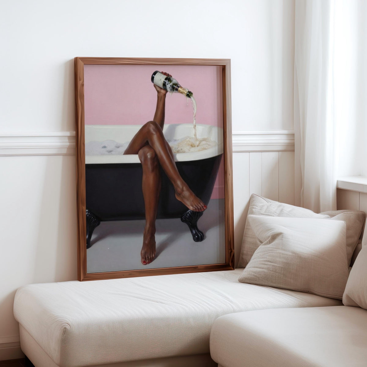 Framed pink bathroom wall art leaning by a sofa, black woman bathroom wall art, modern spa bathroom decor mockup