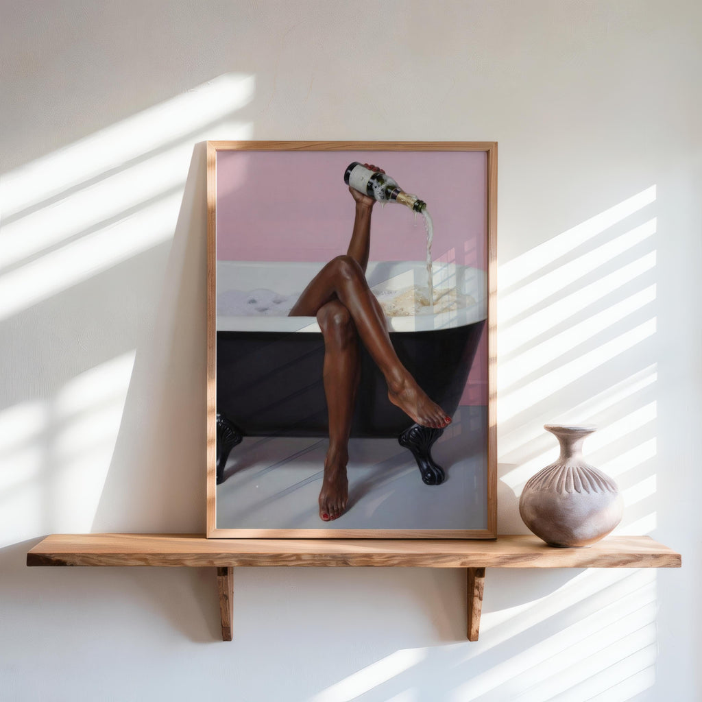 Print on wooden shelf with sunlight and shadows, luxurious bath art print, black woman bathroom wall art