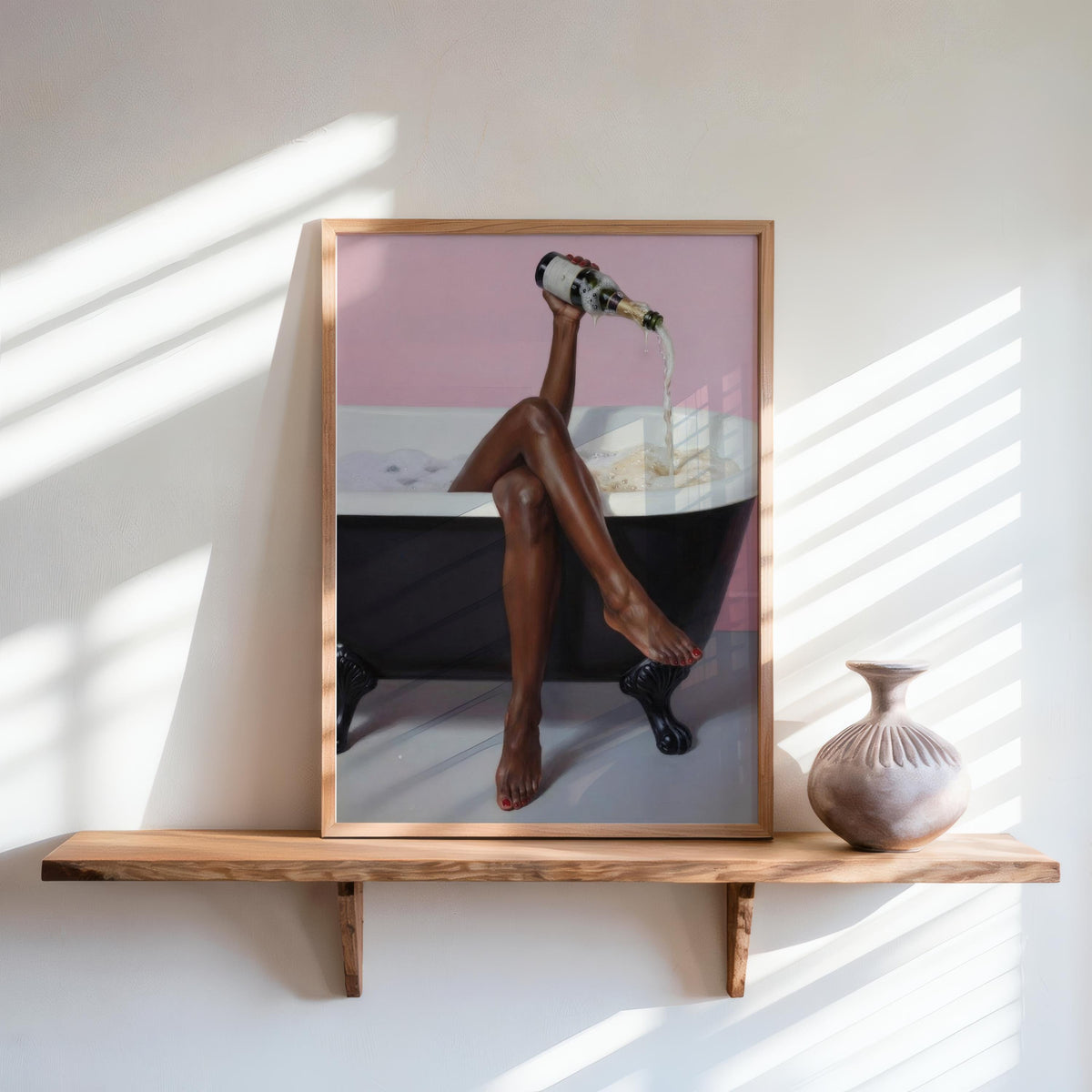 Print on wooden shelf with sunlight and shadows, luxurious bath art print, black woman bathroom wall art