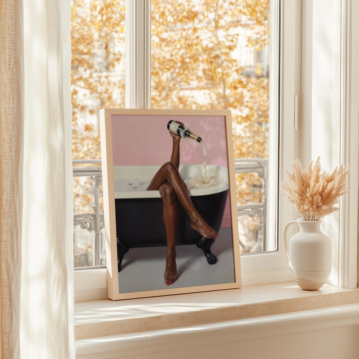 Print set on a sunlit window ledge with vase, black woman bathroom wall art, champagne bathroom wall art styling