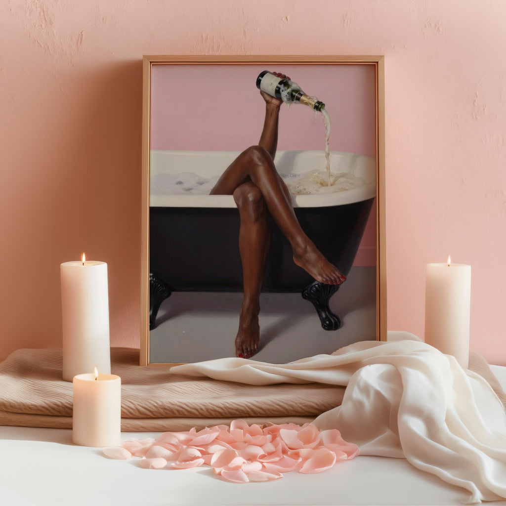 Print staged with candles and towels for a spa vibe, feminine bathtub wall decor, black woman bathroom wall art