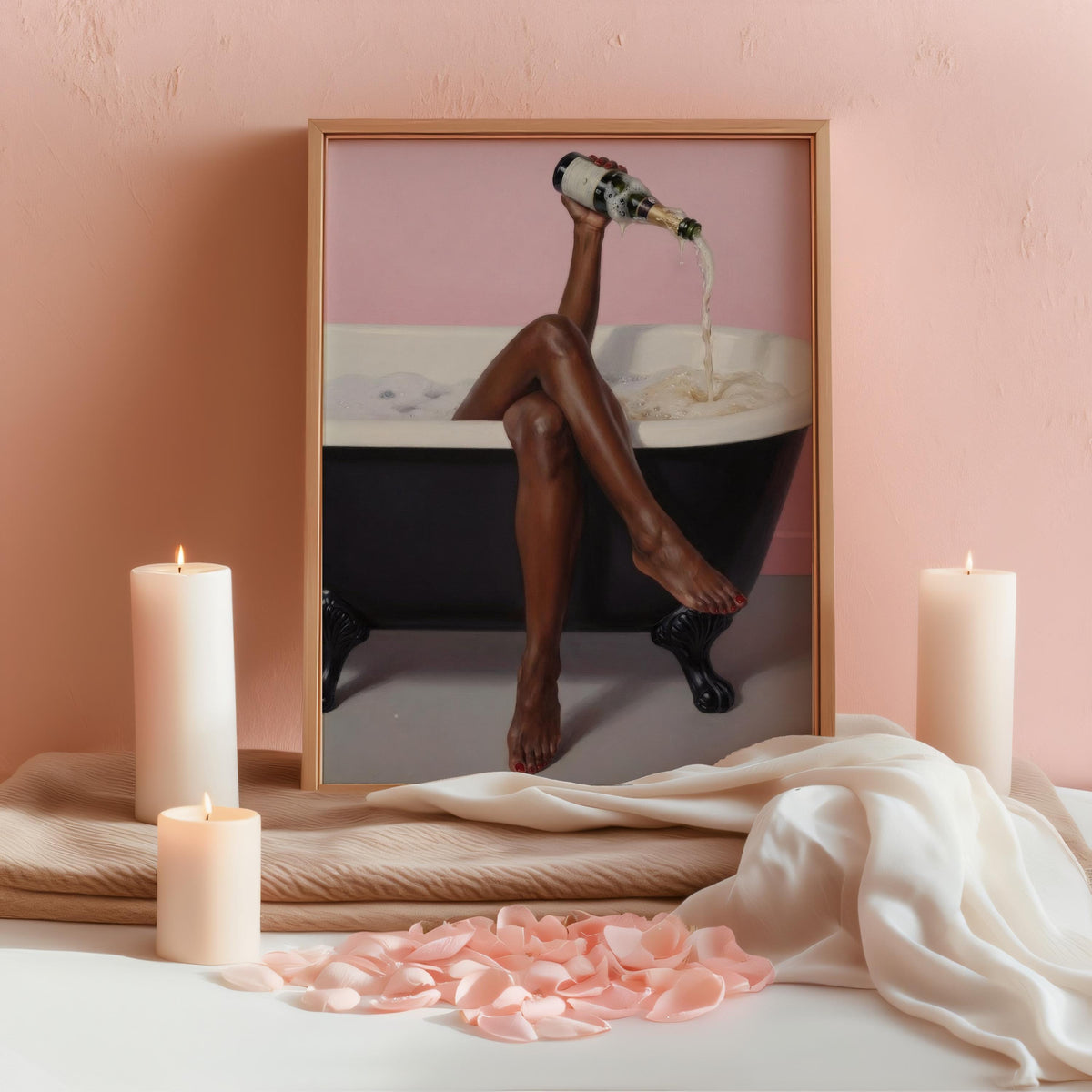 Print staged with candles and towels for a spa vibe, feminine bathtub wall decor, black woman bathroom wall art