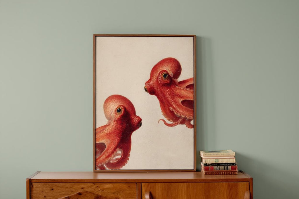 Red Octopus Wall Art, Vintage Marine Life Print, Whimsical Coastal Painting, Nautical Animal Nursery Decor, Peeking Sea Kraken Illustration
