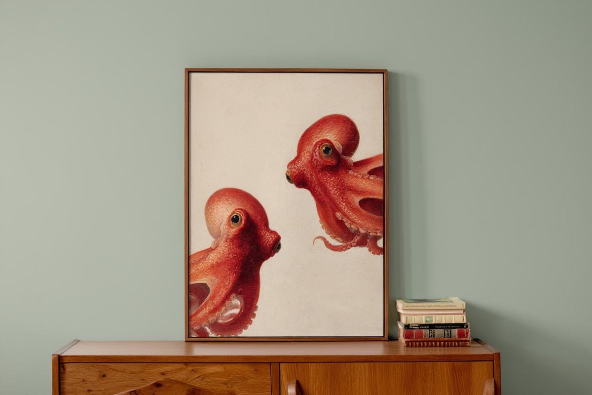 Red Octopus Wall Art, Vintage Marine Life Print, Whimsical Coastal Painting, Nautical Animal Nursery Decor, Peeking Sea Kraken Illustration