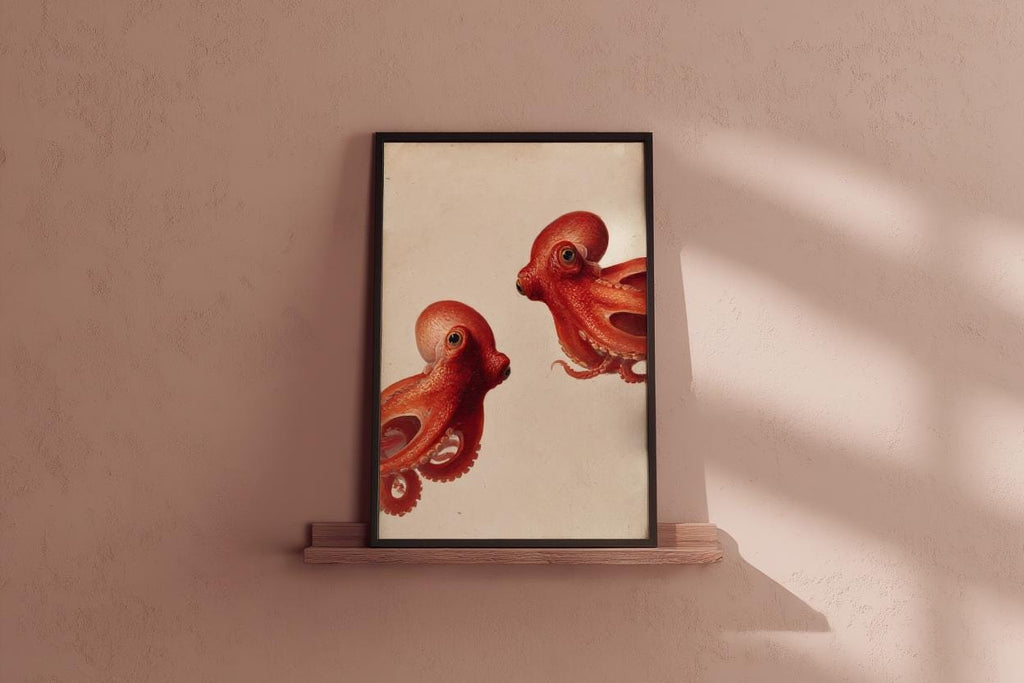 Red Octopus Wall Art, Vintage Marine Life Print, Whimsical Coastal Painting, Nautical Animal Nursery Decor, Peeking Sea Kraken Illustration