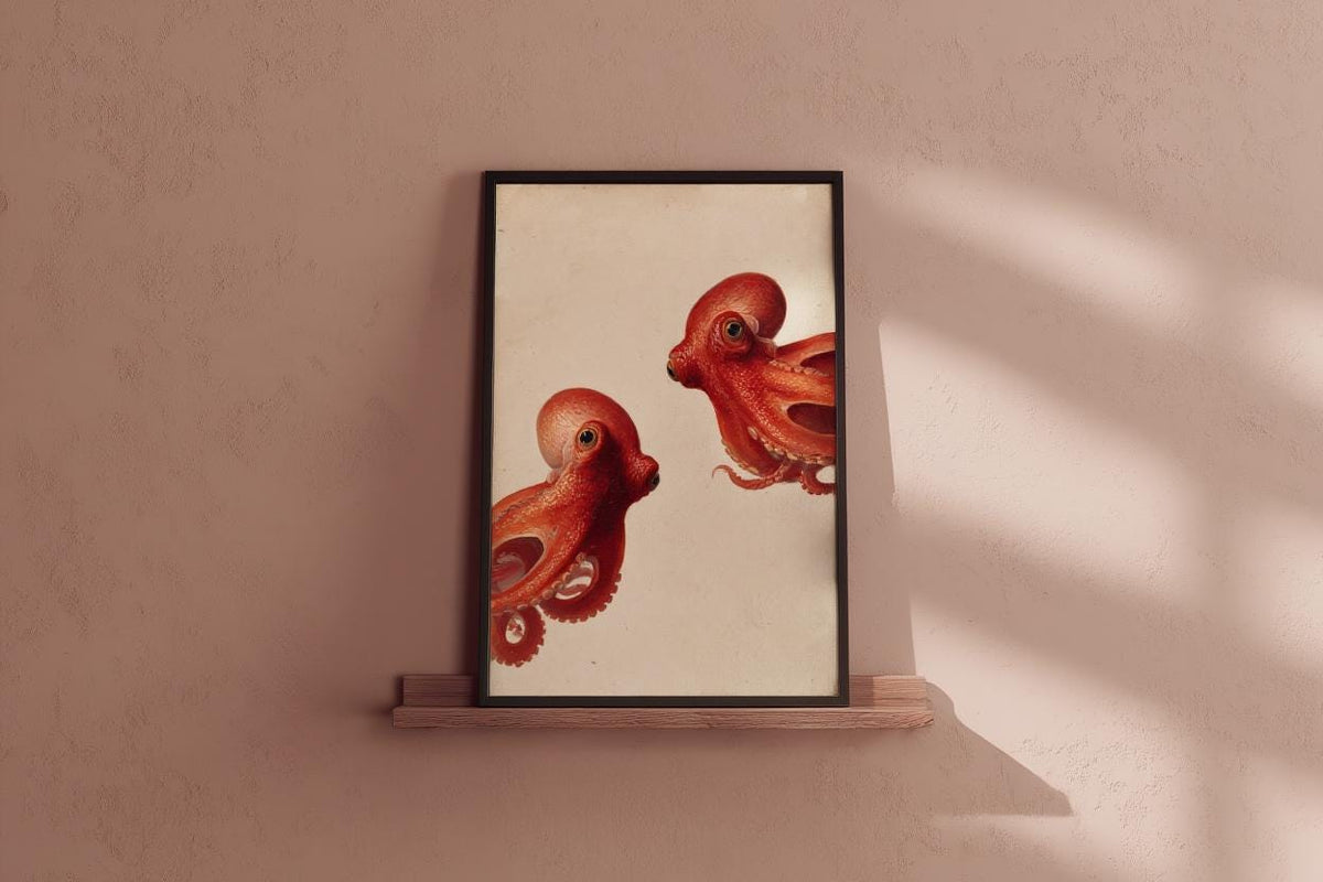 Red Octopus Wall Art, Vintage Marine Life Print, Whimsical Coastal Painting, Nautical Animal Nursery Decor, Peeking Sea Kraken Illustration