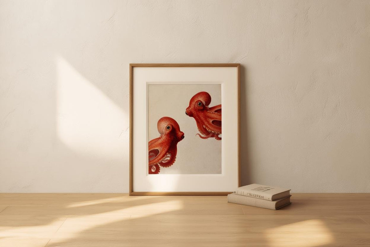 Red Octopus Wall Art, Vintage Marine Life Print, Whimsical Coastal Painting, Nautical Animal Nursery Decor, Peeking Sea Kraken Illustration