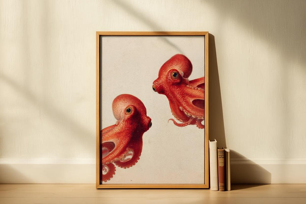 Red Octopus Wall Art, Vintage Marine Life Print, Whimsical Coastal Painting, Nautical Animal Nursery Decor, Peeking Sea Kraken Illustration