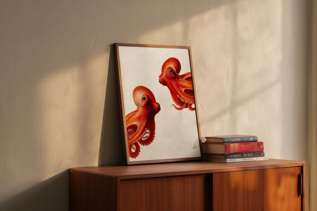 Red Octopus Wall Art, Vintage Marine Life Print, Whimsical Coastal Painting, Nautical Animal Nursery Decor, Peeking Sea Kraken Illustration