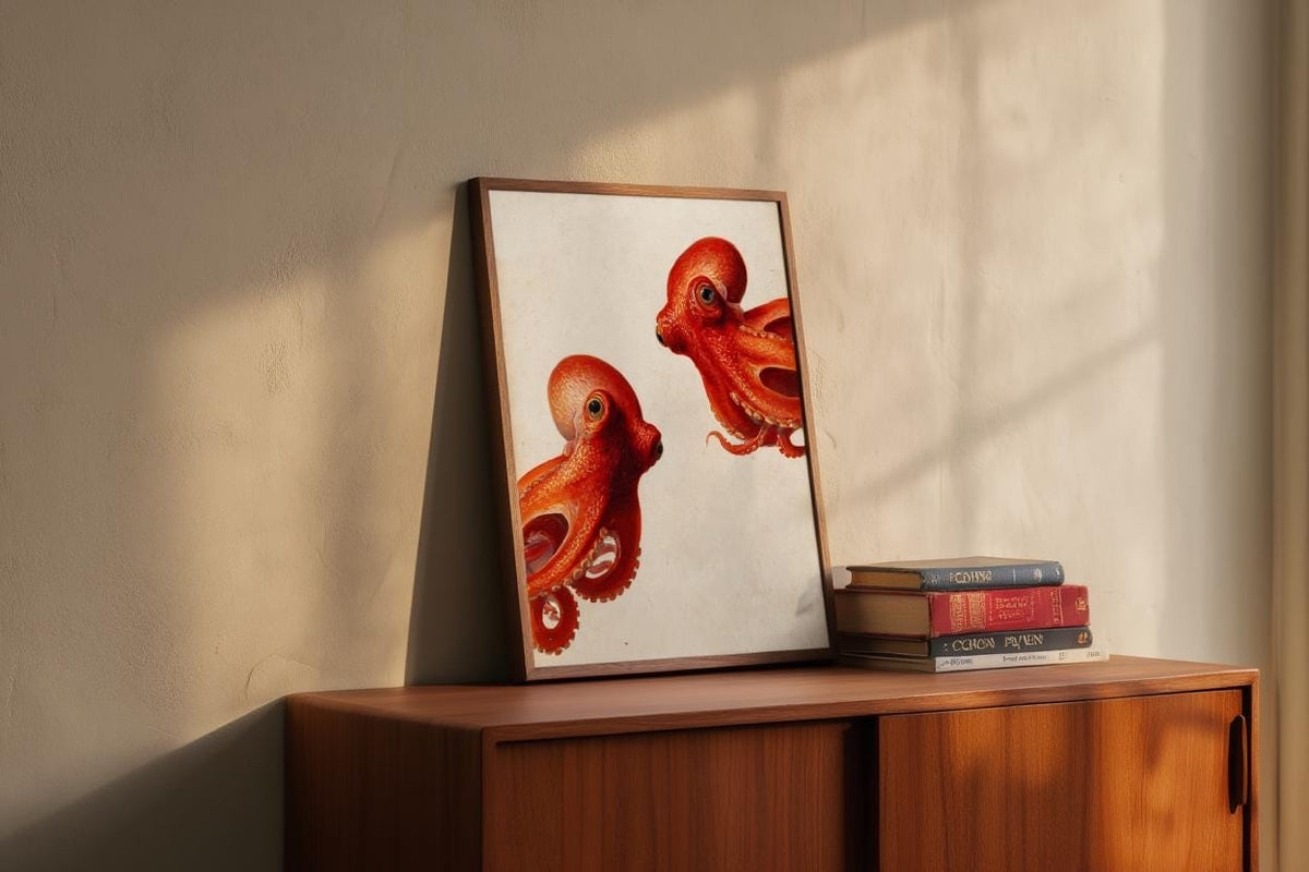 Red Octopus Wall Art, Vintage Marine Life Print, Whimsical Coastal Painting, Nautical Animal Nursery Decor, Peeking Sea Kraken Illustration