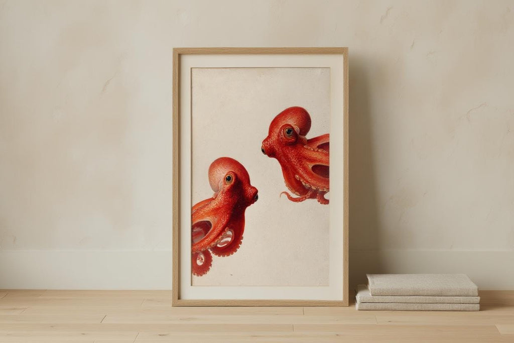 Red Octopus Wall Art, Vintage Marine Life Print, Whimsical Coastal Painting, Nautical Animal Nursery Decor, Peeking Sea Kraken Illustration