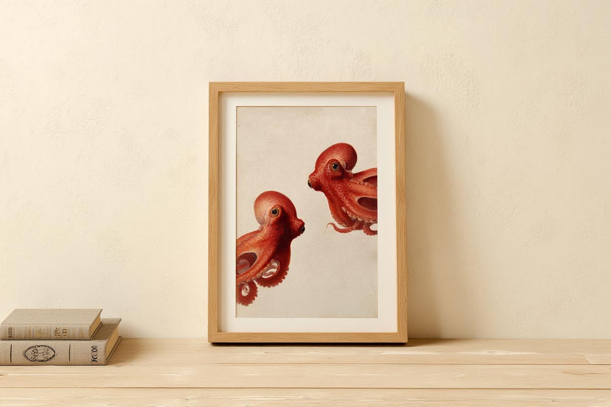 Red Octopus Wall Art, Vintage Marine Life Print, Whimsical Coastal Painting, Nautical Animal Nursery Decor, Peeking Sea Kraken Illustration