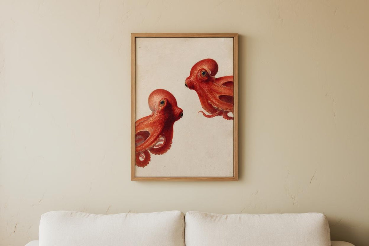 Red Octopus Wall Art, Vintage Marine Life Print, Whimsical Coastal Painting, Nautical Animal Nursery Decor, Peeking Sea Kraken Illustration