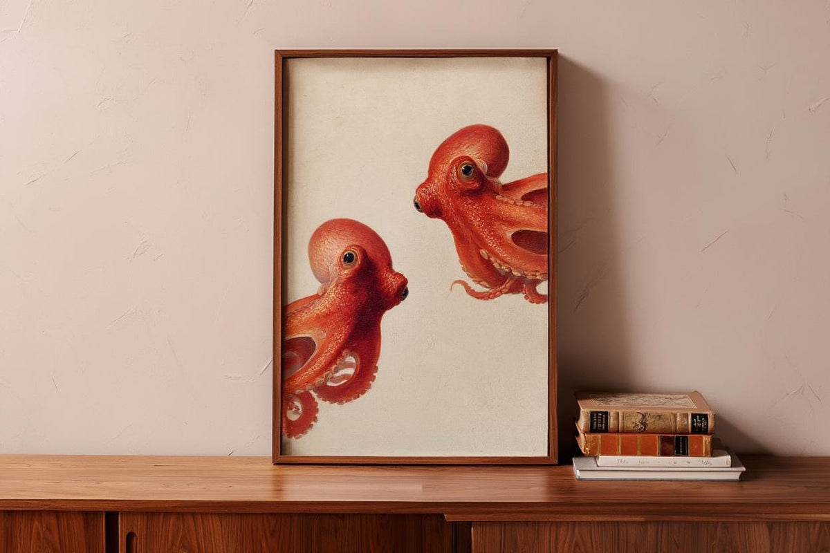 Red Octopus Wall Art, Vintage Marine Life Print, Whimsical Coastal Painting, Nautical Animal Nursery Decor, Peeking Sea Kraken Illustration