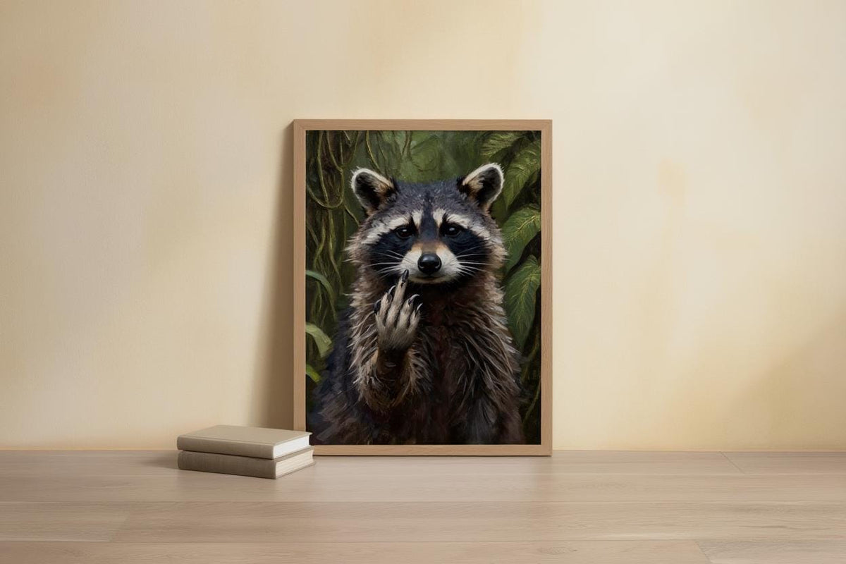 Raccoon Funny Wall Art, Rude Animal Middle Finger Print, Funny Trash Panda Office Decor, Sarcastic Gift, Bold Sassy Maximalist Painting
