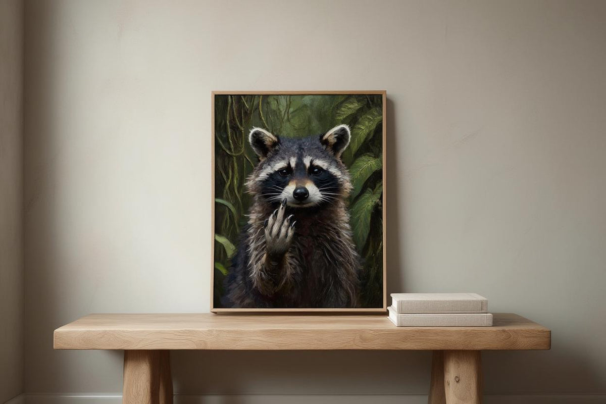 Raccoon Funny Wall Art, Rude Animal Middle Finger Print, Funny Trash Panda Office Decor, Sarcastic Gift, Bold Sassy Maximalist Painting